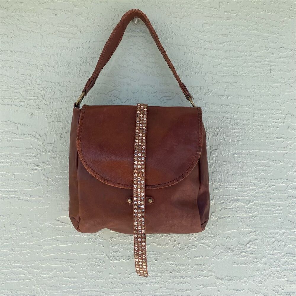 Rehard Women's Italian Leather Crossbody Bag Cognac Studded Strap Elegant Casual